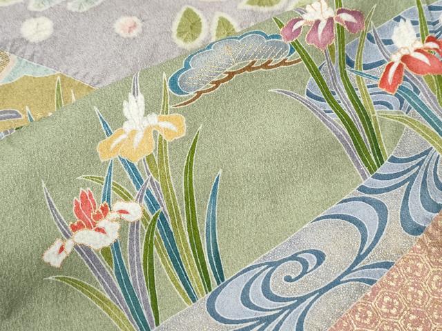 平和屋着物●訪問着 駒刺繍 絞り 流水吉祥草花文 金彩 ロング丈 正絹 逸品 CABM3879yc