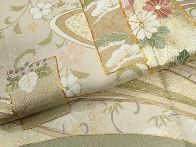 平和屋着物●訪問着 駒刺繍 道長短冊花唐草文 金彩 正絹 逸品 CABM3895yc