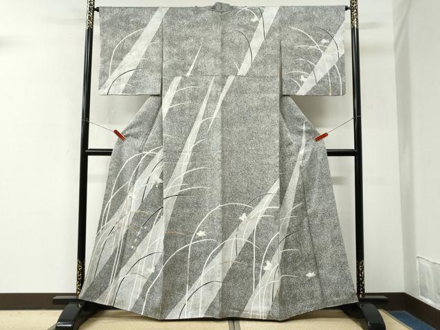 平和屋着物●訪問着 駒刺繍 露芝舞蝶文 たたき染め 金彩 正絹 逸品 CABM3902yc