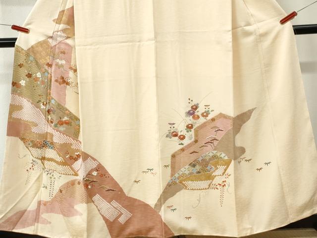 平和屋着物●訪問着 駒刺繍 絞り 花唐草文 金彩 正絹 逸品 未使用 CABM3949yc