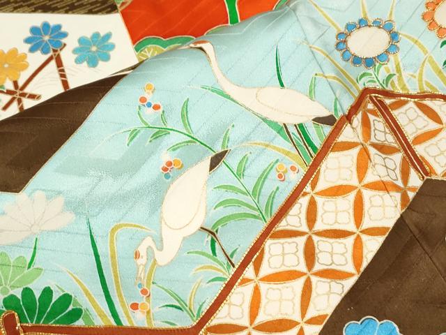 平和屋着物●豪華振袖 駒刺繍 群鶴花唐草文 金彩 正絹 逸品 CABM3952yc