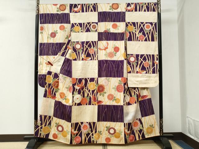 平和屋着物●豪華振袖 駒刺繍 市松舞蝶菊文 金彩 正絹 逸品 CABM3953yc