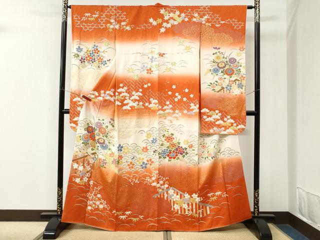 平和屋着物●豪華振袖 露芝松竹梅花文 暈し染め 金彩 正絹 逸品 CABM3969yc