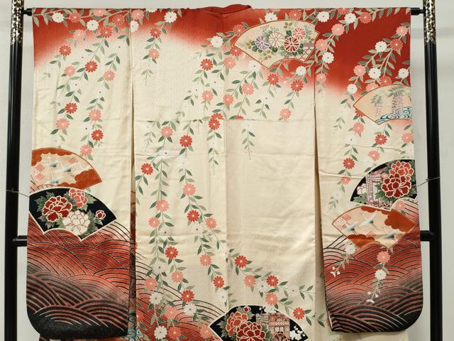 平和屋着物●豪華振袖 地紙御所車飛鶴牡丹花文 暈し染め 金彩 正絹 逸品 CABM3973yc