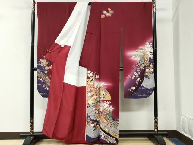 平和屋着物●ブライダルファッションデザイナー・桂由美 振袖 十二単風 檜扇鬘帯鳳凰御所車花文 暈し染め 金彩 正絹 逸品 CABM4000yc