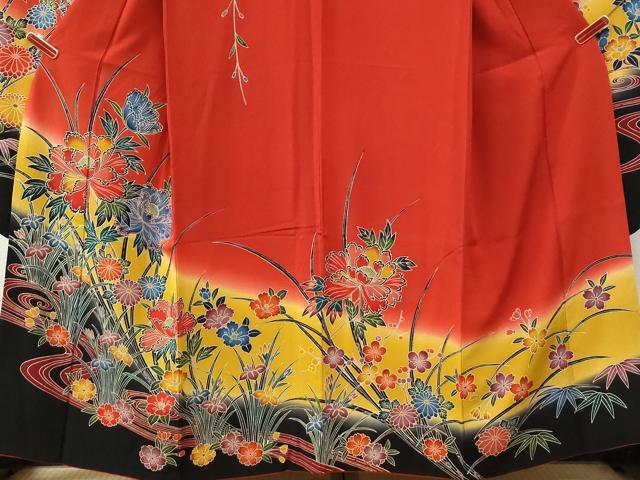 平和屋着物●豪華振袖 型染め 流水牡丹草花文 暈し染め 鈴乃屋扱い 正絹 逸品 CABM4003yc