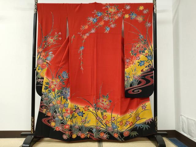 平和屋着物●豪華振袖 型染め 流水牡丹草花文 暈し染め 鈴乃屋扱い 正絹 逸品 CABM4003yc