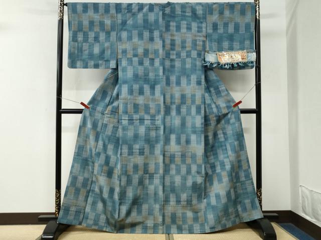 平和屋着物●珈琲結城紬 市松吉祥文 やまと誂製 証紙付き 正絹 逸品 CABM4016yc
