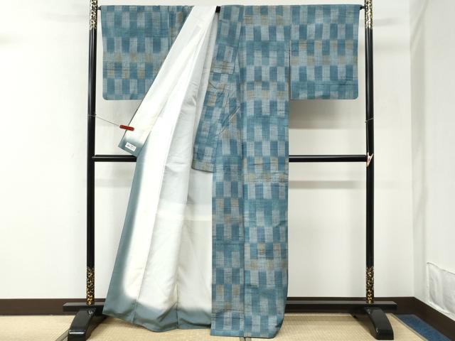 平和屋着物●珈琲結城紬 市松吉祥文 やまと誂製 証紙付き 正絹 逸品 CABM4016yc