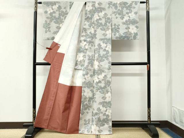 平和屋着物●小千谷紬 草花文 正絹 逸品 CABM4075