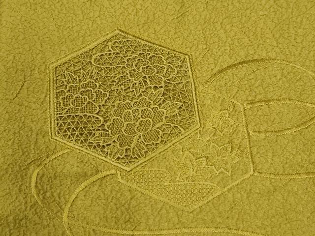 平和屋着物●中国三大刺繍 スワトウ刺繍 総刺繍 無地絵羽訪問着 亀甲重ね吉祥花文 菜種油色 正絹 逸品 CABM4079yc