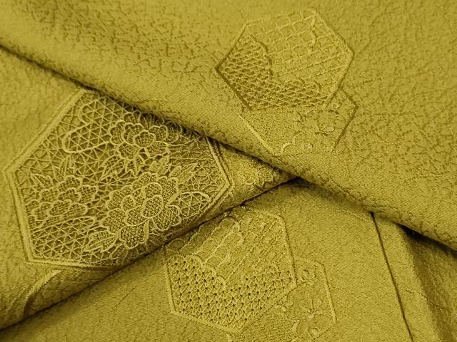 平和屋着物●中国三大刺繍 スワトウ刺繍 総刺繍 無地絵羽訪問着 亀甲重ね吉祥花文 菜種油色 正絹 逸品 CABM4079yc