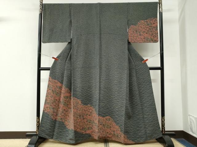 平和屋着物●訪問着 型染め 芝草花文 鬼しぼ縮緬 正絹 逸品 CABM4080yc