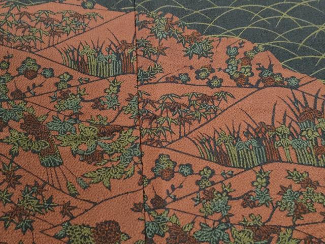 平和屋着物●訪問着 型染め 芝草花文 鬼しぼ縮緬 正絹 逸品 CABM4080yc