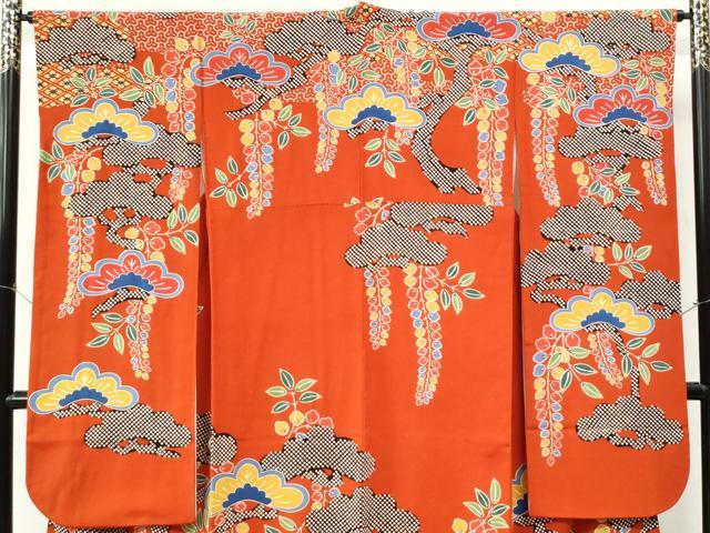 平和屋着物●和染紅型 栗山紅型 栗山吉三郎 振袖 枝松吉祥花文 鬼しぼ縮緬 正絹 逸品 CABM4082yc