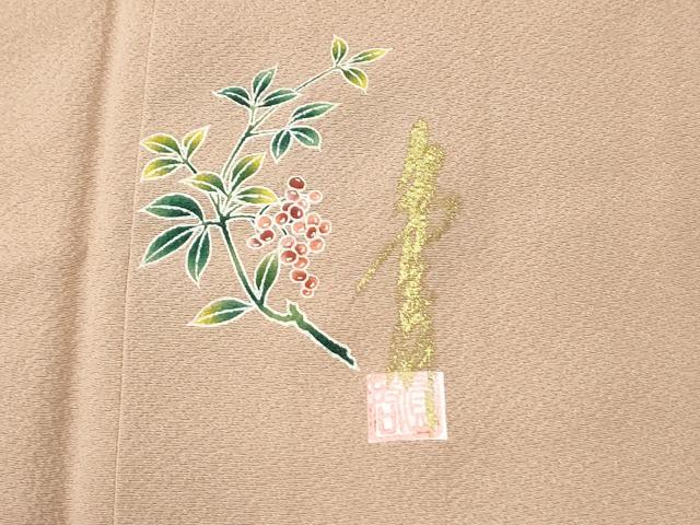 平和屋着物●本草木染作家 圓啓 色無地 ワンポイント 葡萄 水柿色 正絹 逸品 CABM4094yc