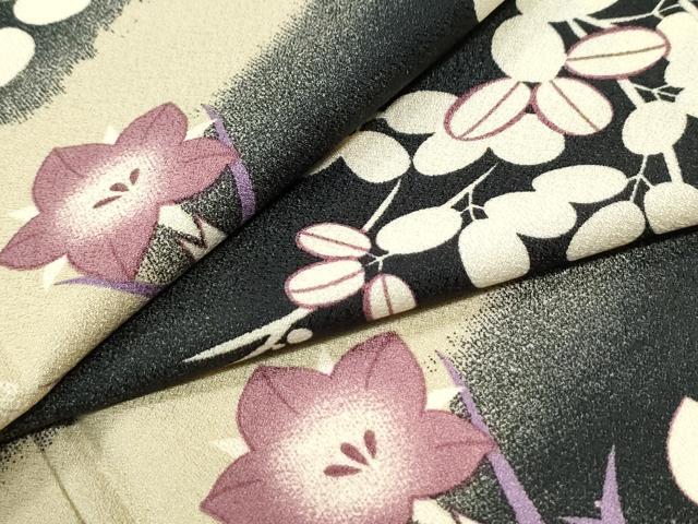 平和屋着物●小紋 草花文 黒地 洗える着物 CABM4098yc