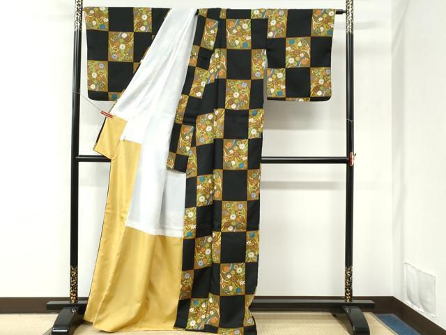 平和屋着物●小紋 市松菊楓文 黒地 洗える着物 CABM4099yc
