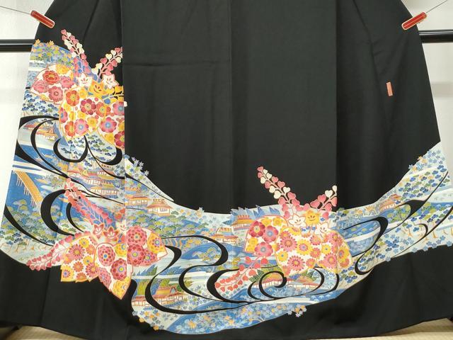 平和屋着物●本加賀友禅作家 押田正義 黒留袖 流水桐風景花文 正絹 逸品 CABM4103yc