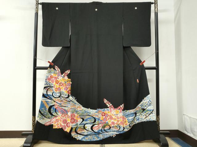 平和屋着物●本加賀友禅作家 押田正義 黒留袖 流水桐風景花文 正絹 逸品 CABM4103yc