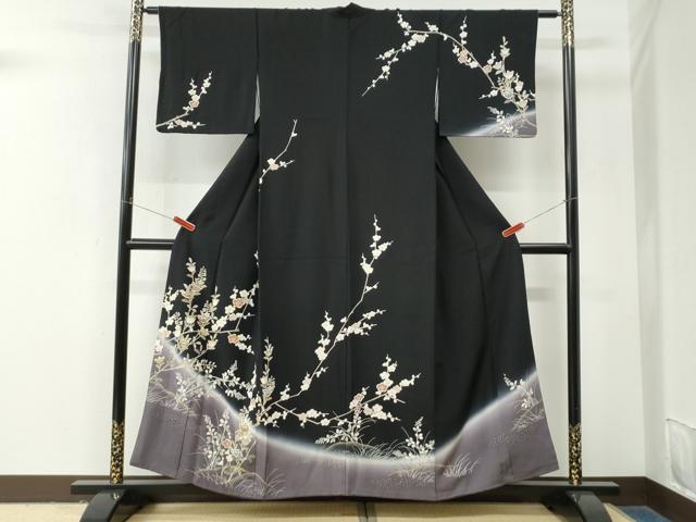平和屋着物●訪問着 駒刺繍 枝橘梅花文 暈し染め 黒地 金彩 正絹 逸品 CABM4109yc