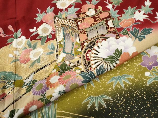 平和屋着物●豪華振袖 駒刺繍 渡り橋御所車浜松花文 暈し染め 金彩 正絹 逸品 CABM4164yc