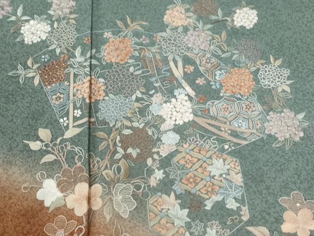 平和屋着物●訪問着 総刺繍 地紙吉祥草花文 暈し染め 正絹 逸品 CABM4166yc