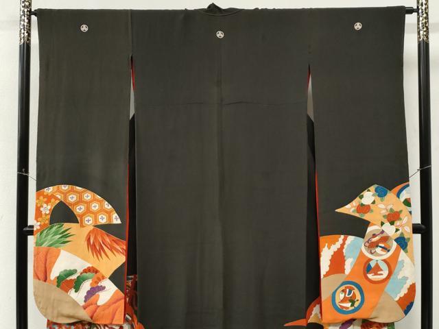 平和屋本店●アンティーク 大正ロマン 振袖 檜扇鼓飛鶴花松文 黒地 金彩 正絹 逸品 CABM4181yc