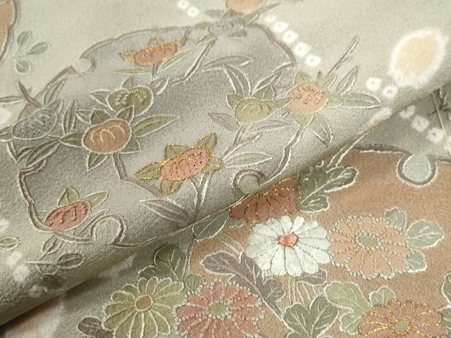 平和屋着物●中国三大刺繍 相良刺繍 訪問着 絞り 雪輪草花文 金糸 仮絵羽 正絹 逸品 未使用 CABM4196yc