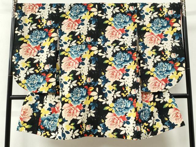 平和屋着物●小振袖 二尺袖 薔薇 黒地 洗える着物 CABM4272yc