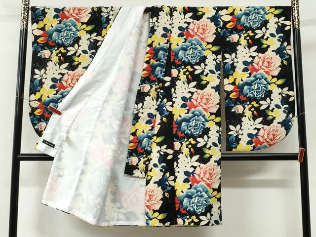平和屋着物●小振袖 二尺袖 薔薇 黒地 洗える着物 CABM4272yc