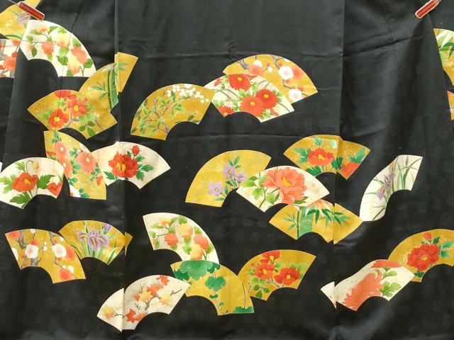 平和屋着物●豪華振袖 刺繍 地紙枝花文 黒地 金彩 正絹 逸品 CABM4290yc