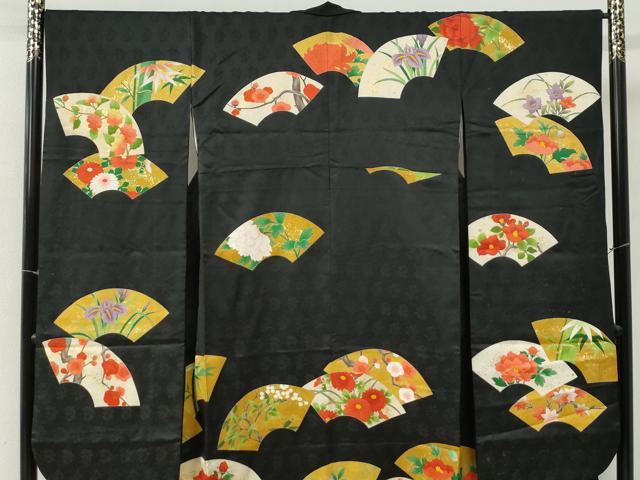 平和屋着物●豪華振袖 刺繍 地紙枝花文 黒地 金彩 正絹 逸品 CABM4290yc