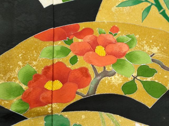 平和屋着物●豪華振袖 刺繍 地紙枝花文 黒地 金彩 正絹 逸品 CABM4290yc