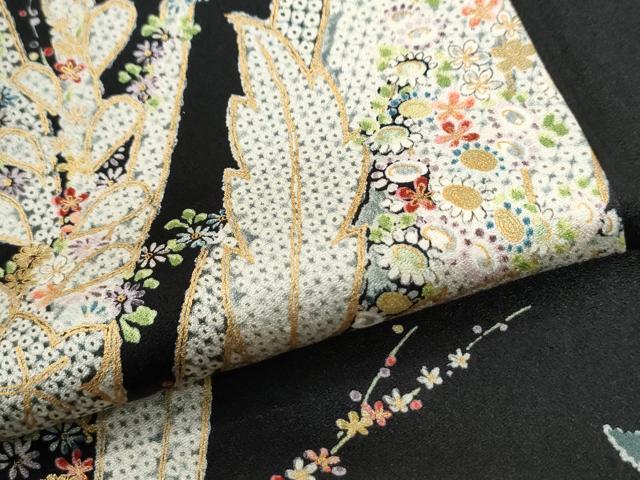 平和屋着物●上質な小紋 草花文 黒地 金彩 鈴乃屋扱い 正絹 逸品 CABM4295yc