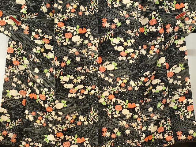 平和屋着物●豪華振袖 立波草花文 黒地 正絹 逸品 CABM4306yc