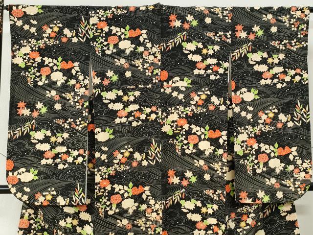 平和屋着物●豪華振袖 立波草花文 黒地 正絹 逸品 CABM4306yc