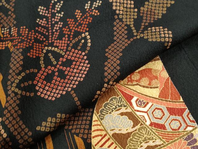 平和屋着物●豪華振袖 駒刺繍 糸巻き扇面橘花文 黒地 金彩 正絹 逸品 CABM4311yc