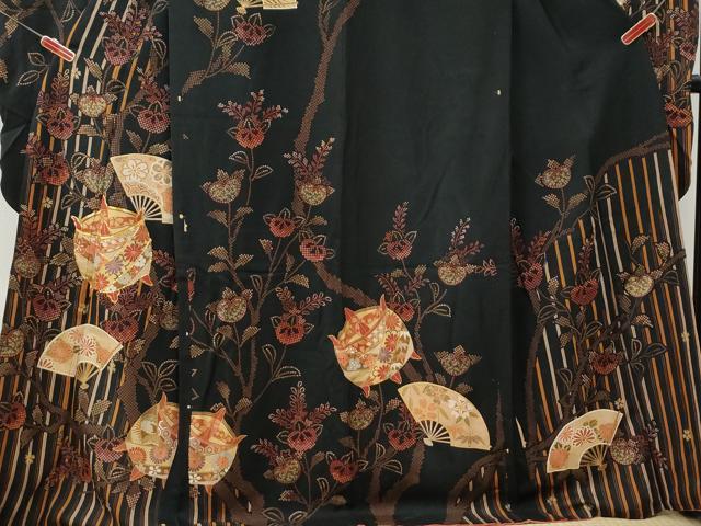 平和屋着物●豪華振袖 駒刺繍 糸巻き扇面橘花文 黒地 金彩 正絹 逸品 CABM4311yc