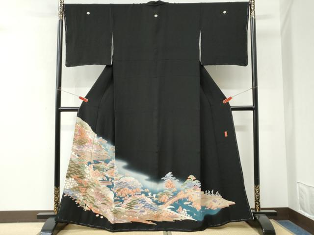 平和屋着物●豪華黒留袖 友禅 作家物 遠山樹林浜松風景文 暈し染め 正絹 逸品 CABM4356yc