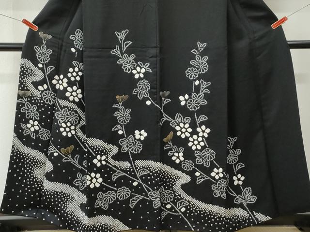 平和屋着物●訪問着 絞り 枝花文 黒地 金彩 正絹 逸品 CABM4361yc