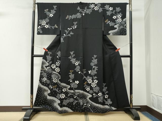 平和屋着物●訪問着 絞り 枝花文 黒地 金彩 正絹 逸品 CABM4361yc