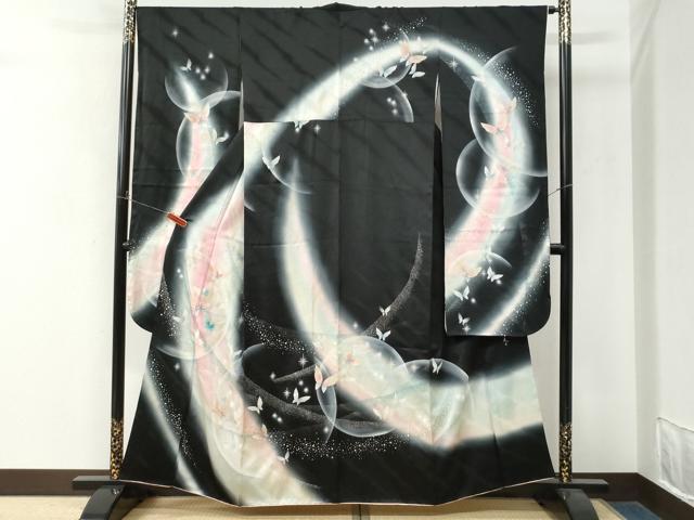 平和屋着物●パリコレクション ファッションモデル・デザイナー 山口小夜子 振袖 舞蝶文 暈し染め 黒地 金彩 正絹 逸品 CABM4430yc