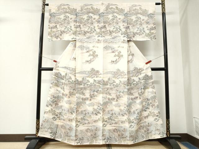 平和屋着物●訪問着 手描き 渡り橋人物風景文 暈し染め 正絹 逸品 未使用 CABM4489yc