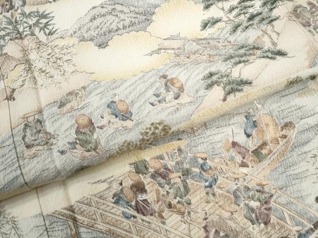 平和屋着物●訪問着 手描き 渡り橋人物風景文 暈し染め 正絹 逸品 未使用 CABM4489yc