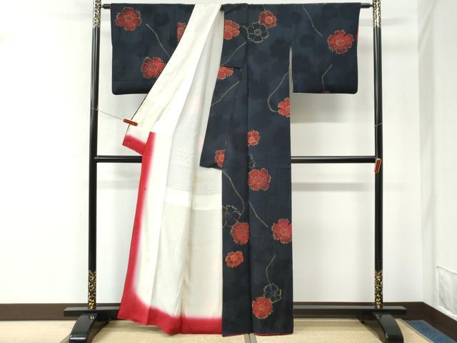 平和屋着物●上質な小紋 地紋起こし 舞花文 黒地 正絹 逸品 CABM4534yc