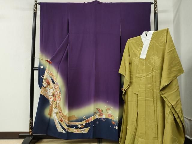 平和屋着物●豪華振袖・長襦袢セット 鬘帯飛鶴宝尽くし花文 暈し染め 金彩 正絹 逸品 CABM4554yc