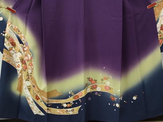 平和屋着物●豪華振袖・長襦袢セット 鬘帯飛鶴宝尽くし花文 暈し染め 金彩 正絹 逸品 CABM4554yc
