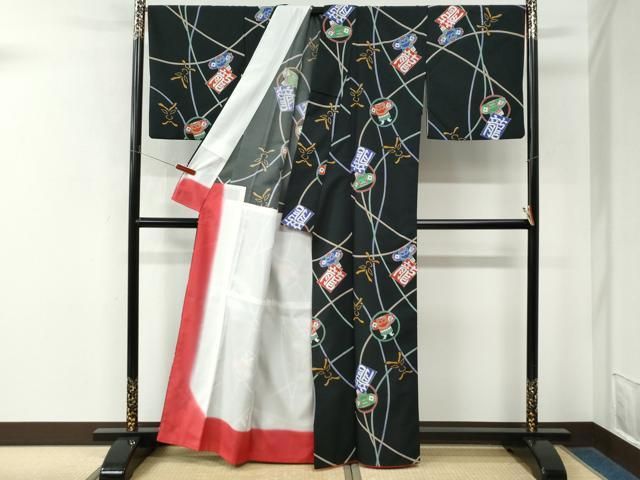 平和屋着物●小紋 背抜き仕立て 隈取 凧 黒地 洗える着物 CABM4555yc
