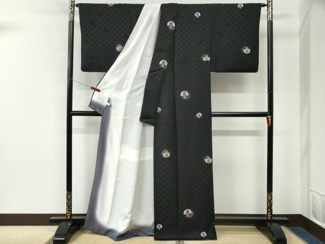 平和屋着物●紙芸創作者・横山優 和紙 小紋 枝花丸文 蛍暈し 黒地 正絹 逸品 CABM4568yc